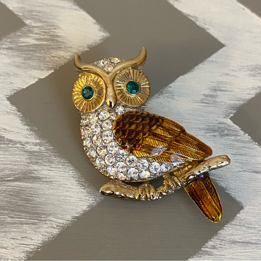 Vintage Gold Tone Owl Brooch | Rhinestone Body & Amber Enamel Wings